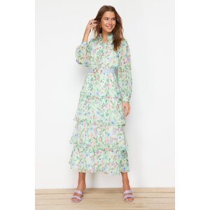 Trendyol Green Belt Lined Chiffon Floral Woven Dress