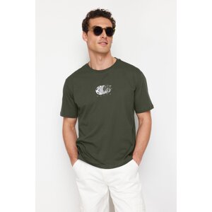 Trendyol Khaki Relaxed/Comfortable Cut Printed 100% Cotton T-Shirt