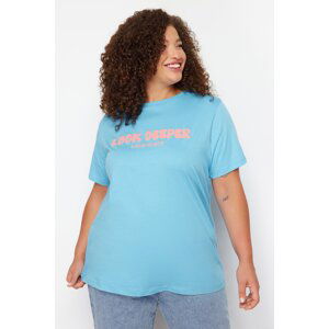 Trendyol Curve Blue Slogan Printed Boyfriend Knitted T-shirt