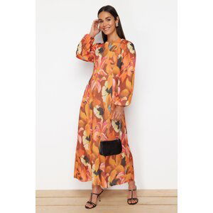 Trendyol Orange Flower Patterned Woven Linen Look Dress