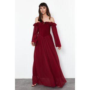 Trendyol Burgundy Waist Opening/Skater Chiffon Long Evening Evening Dress