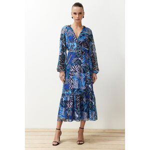 Trendyol Blue Belted Ethnic Patterned Skirt Flounced Lined Midi Woven Dress