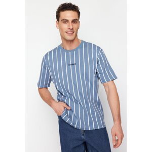 Trendyol Indigo Relaxed/Comfortable Cut Striped 100% Cotton T-Shirt