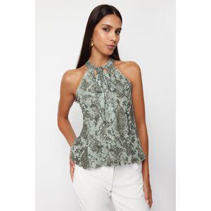 Trendyol Khaki Printed Special Textured Flexible Knitted Blouse with Lacing Detail