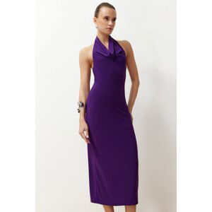 Trendyol Purple Degaje Collar Stretchy Knitted Midi Pencil Dress