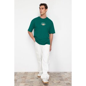 Trendyol Emerald Green Men's Oversize/Wide Cut Landscape Embroidered 100% Cotton T-Shirt