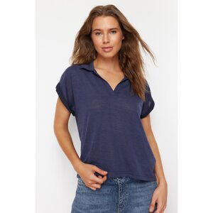 Trendyol Indigo Linen Look Regular/Normal Fit Polo Neck Short Sleeve T-shirt