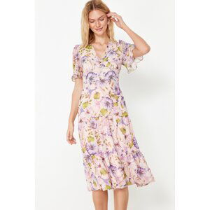 Trendyol Pink Floral Print A-Cut Flounced Midi Lined Chiffon Woven Dress