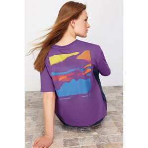 Trendyol Purple 100% Cotton Printed Relaxed/Comfortable Pattern Knitted T-Shirt