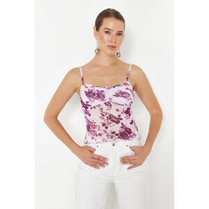 Trendyol Pink Floral Printed Special Textured V-neck Strap Stretch Knitted Blouse