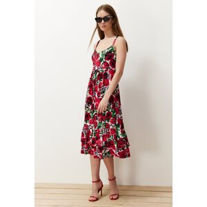 Trendyol Red Floral Strappy Skater/Waist Ribbed Elastic Knitted Midi Dress