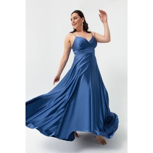 Lafaba Women's Indigo Plus Size Satin Long Evening Dress with Thread Straps &; Prom Evening Dress