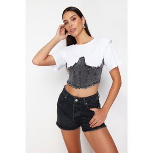 Trendyol Anthracite Denim Detailed Crop Padded Knitted Blouse