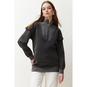 Trendyol Anthracite Knitted Tunic with Zipper Detail on the Collar