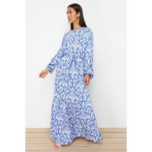 Trendyol Blue Shawl Patterned Belted Viscose Woven Dress