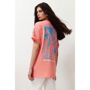 Trendyol Dusty Rose 100% Cotton Back and Front Printed Oversize/Casual Cut Knitted T-Shirt