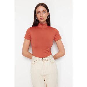 Trendyol Cinnamon Fitted/Fitting Zip Collar Short Sleeve Stretch Knitted Blouse