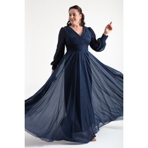 Lafaba Women's Navy Blue V-Neck Silvery Long Plus Size Evening Dress