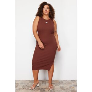 Trendyol Curve Brown Embroidery Detailed Camisole Midi Knitted Plus Size