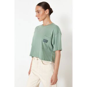 Trendyol Mint More Sustainable 100% Cotton Relaxed Crop Pocket and Printed Knitted T-Shirt