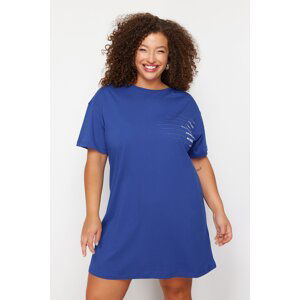 Trendyol Curve Blue Crew Neck Printed T-shirt Knitted Dress
