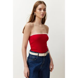 Trendyol Red Ribbed Strapless Collar Woven Garnish Fitted Cotton Crop Knitted Blouse