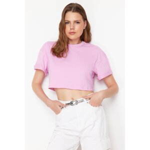 Trendyol Pink 100% Cotton Cut Detail Relaxed Cut Crop Knitted T-Shirt