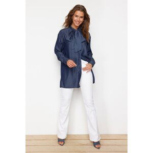 Trendyol Blue Denim Modest Oversize Shirt with Tie Detail