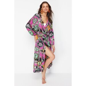 Trendyol Abstract Patterned Belted Maxi Woven 100% Cotton Kimono&Kaftan