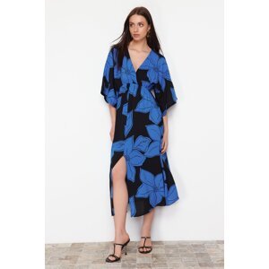 Trendyol Navy Blue Floral Print A-line Double-breasted Collar Midi Woven Dress