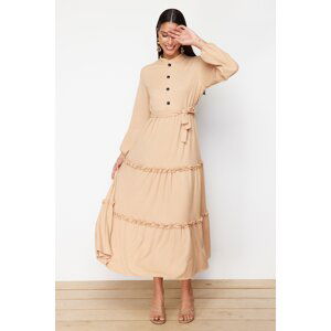 Trendyol Beige Belted Tissue Fabric Woven Shirt Collar Dress