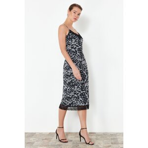 Trendyol Black Tulle Printed Lace Detailed Fitted Flexible Knitted Maxi Pencil Dress