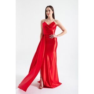 Lafaba Women's Red Geometric Long Evening Dress with Straps.