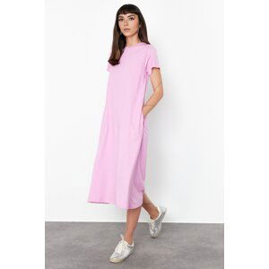 Trendyol Pink Plain Pocket Crew Neck A-Line Knitted Dress