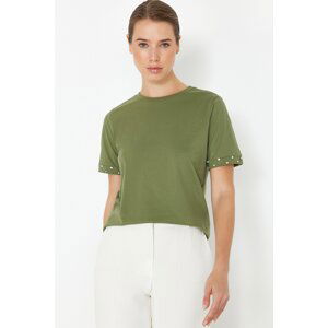 Trendyol Khaki 100% Cotton Stone Accessory Detailed Regular/Normal Pattern Knitted T-Shirt