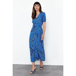 Trendyol Blue Floral Print Double-breasted Viscose Midi Woven Dress