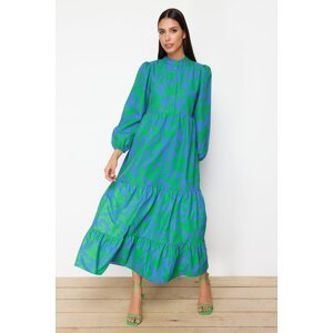 Trendyol Blue Patterned Half Placket Wide Fit Cotton Woven Dress