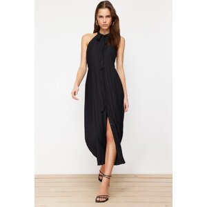 Trendyol Black Skirt Pleated Neck Scarf Detailed Midi Woven Dress