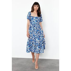 Trendyol Blue Floral Viscose Waist Opening Midi Woven Dress