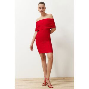 Trendyol Red Fitted/Fitted Carmen Collar Wrap/Textured Knitted Mini Pencil Dress