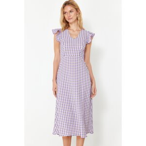 Trendyol Lilac Checkered A-Line Gipe Detailed Midi Woven Dress