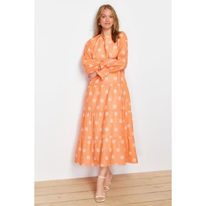 Trendyol Orange Floral Printed Sleeve with Rubber Detail Woven Dress