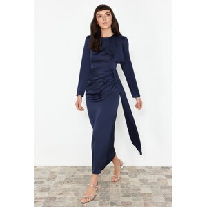 Trendyol Navy Blue Shawl Detailed Satin Evening Dress