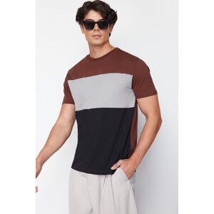 Trendyol Brown Regular Cut Color Blocked 100% Cotton T-Shirt