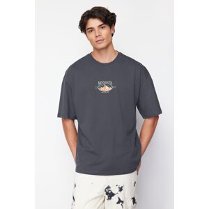 Trendyol Anthracite Oversize / Wide Cut Landscape Embroidered 100% Cotton T-Shirt