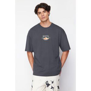 Trendyol Anthracite Oversize / Wide Cut Landscape Embroidered 100% Cotton T-Shirt