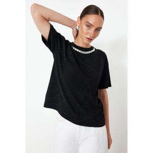 Trendyol Black 100% Cotton Stone Embroidered Distressed/Pale Effect Relaxed/Comfortable Fit Knitted T-Shirt