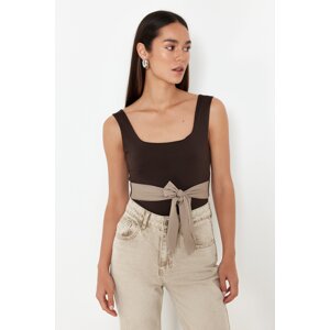 Trendyol Brown Ribbon Tie Detail Flexible Snap Fastener Knitted Bodysuit