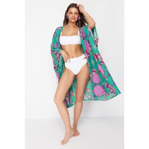 Trendyol Tropical Patterned Belted Maxi Woven Kimono & Kaftan