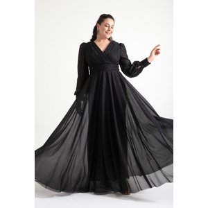 Lafaba Women's Black V-Neck Silvery Long Plus Size Evening Dress